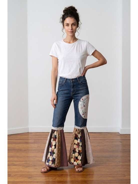 Denim - women’s flares floral bellbottom patchwork jeans